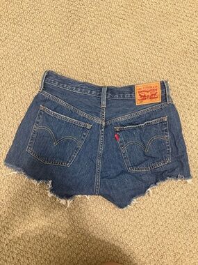 Levi's Dark Blue High-Rise Frayed Hem Jean Shorts